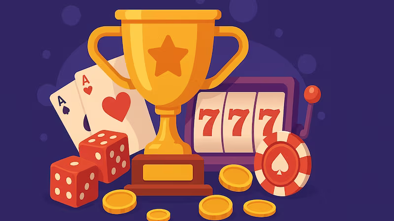 Trophy with casino chips and cards