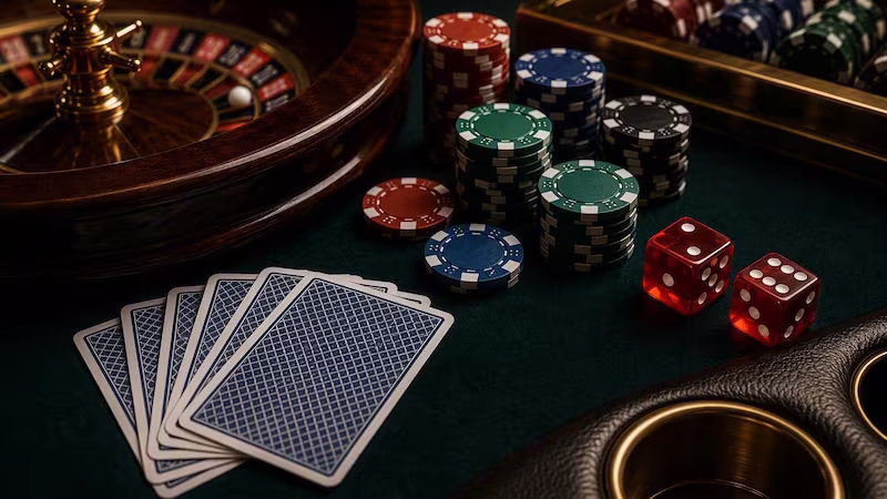 Table in casino with cards, chips, roulette wheel