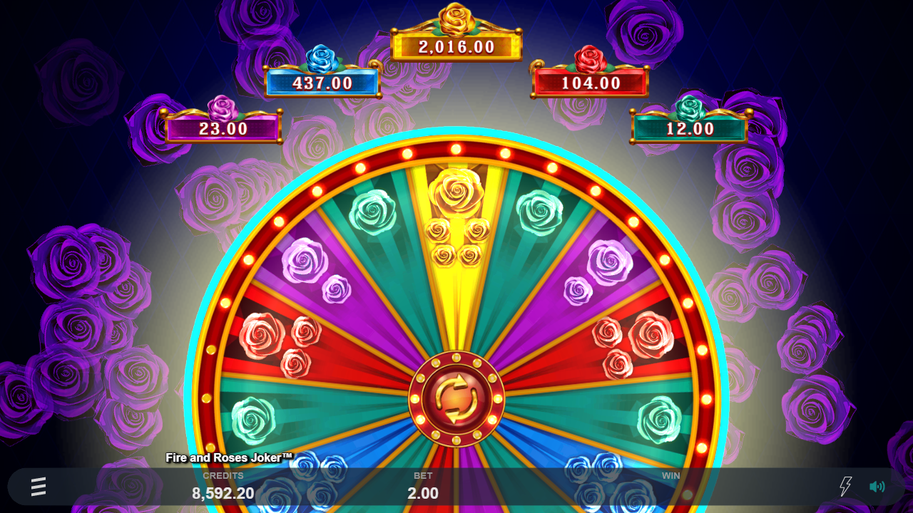Screenshot of the bonus wheel from the Fire and Roses Joker slot game Screenshot of the bonus wheel from the Fire and Roses Joker slot game