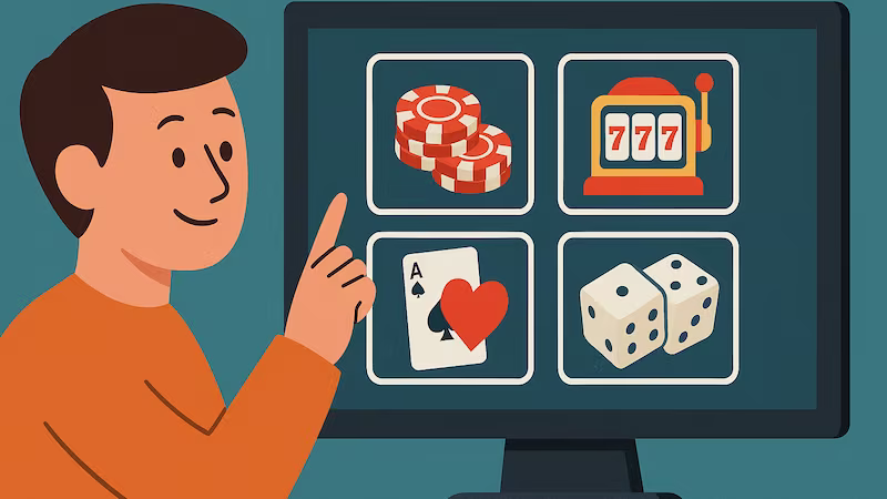 Man pointing at casino categories on desktop