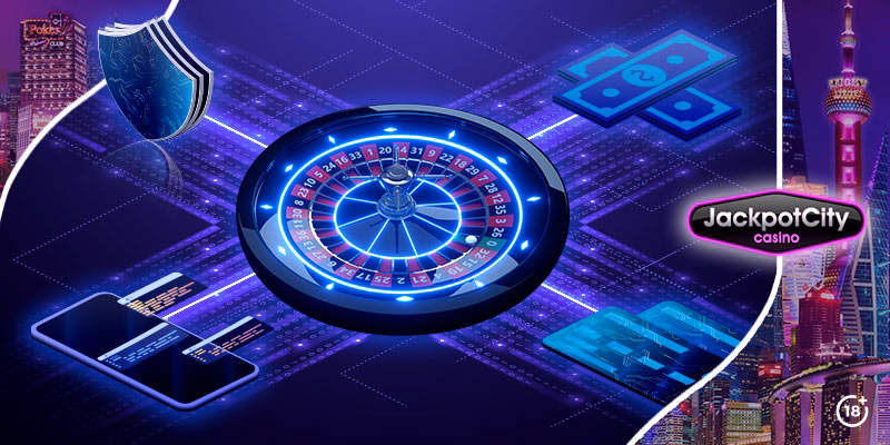 Jackpot City logo with roulette wheel Jackpot City logo with roulette wheel