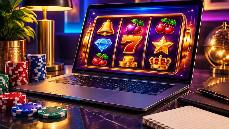 Slots game open on laptop