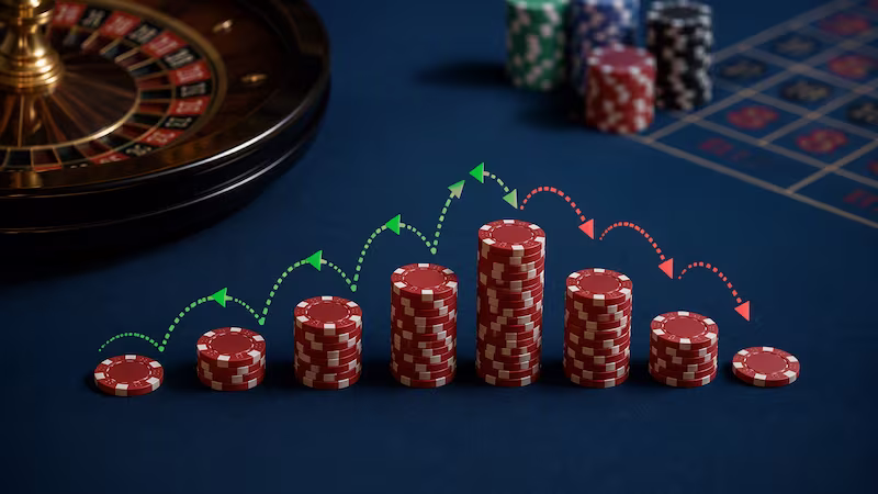 Roulette wheel and chips on casino table
