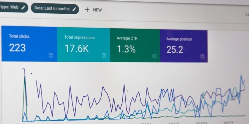a screen shows metrics of SEO performance from a campaign 