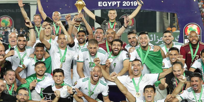 Riyad Mahrez and the Algeria squad lift the 2019 AFCON trophy