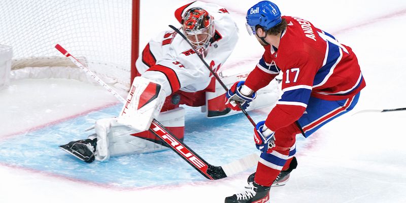 Carolina Hurricanes goaltender Frederik Andersen makes a save against the Montreal Canadiens