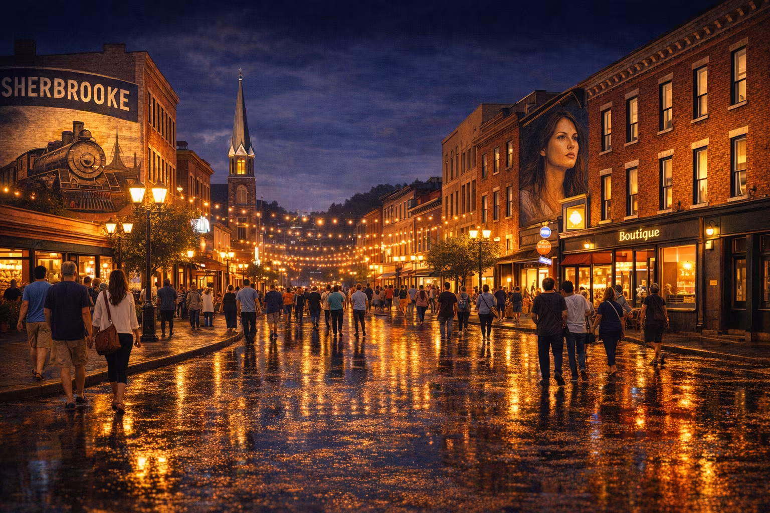 A nightlife scene in Sherbrooke. Canada, showing people walking down the street past a theatew