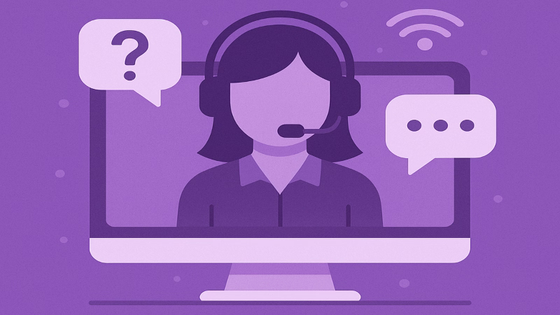purple theme image with a cartoon help agent purple theme image with a cartoon help agent
