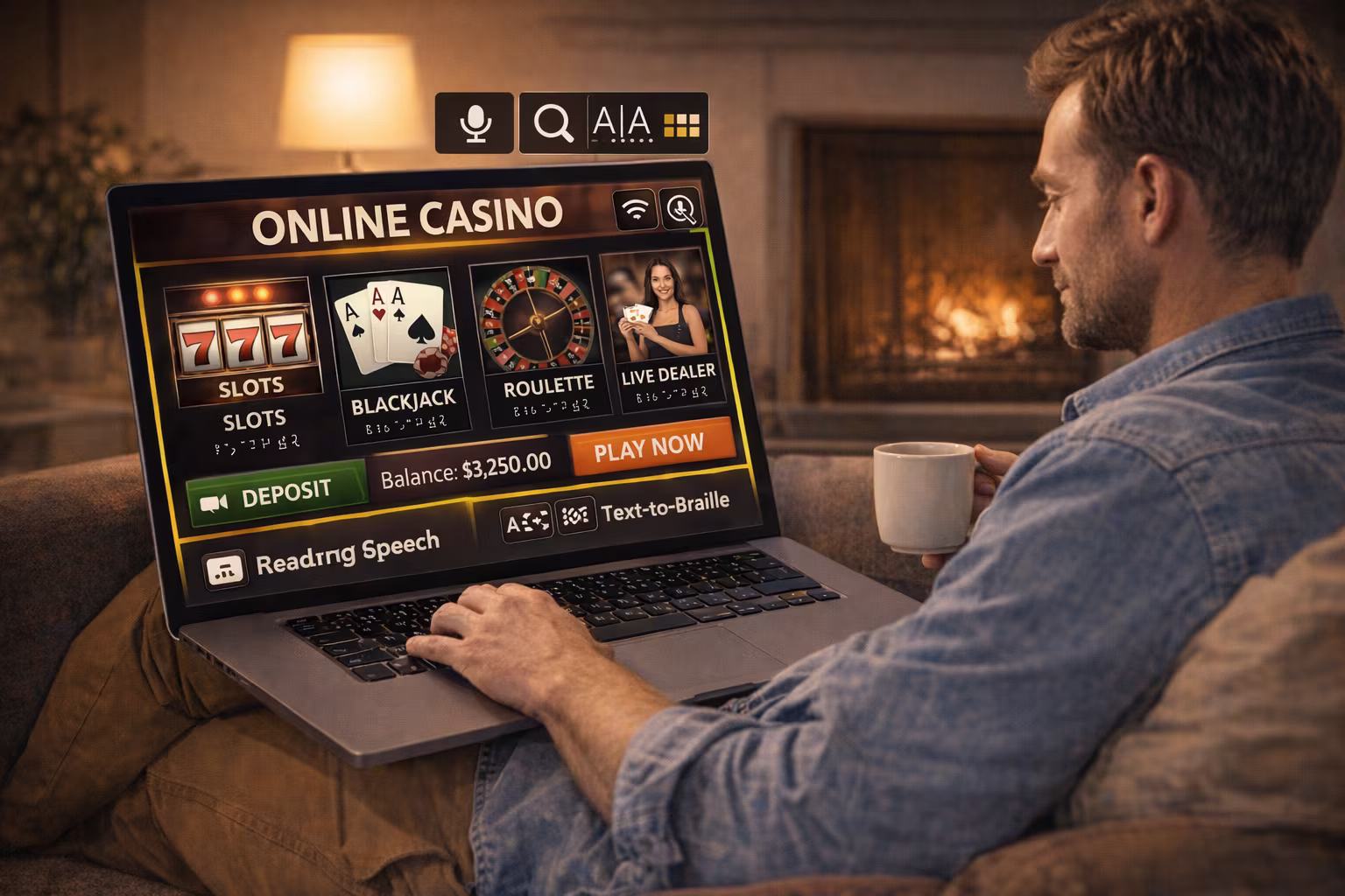 Image of a man playing casino games on a laptop using the available accessibility features