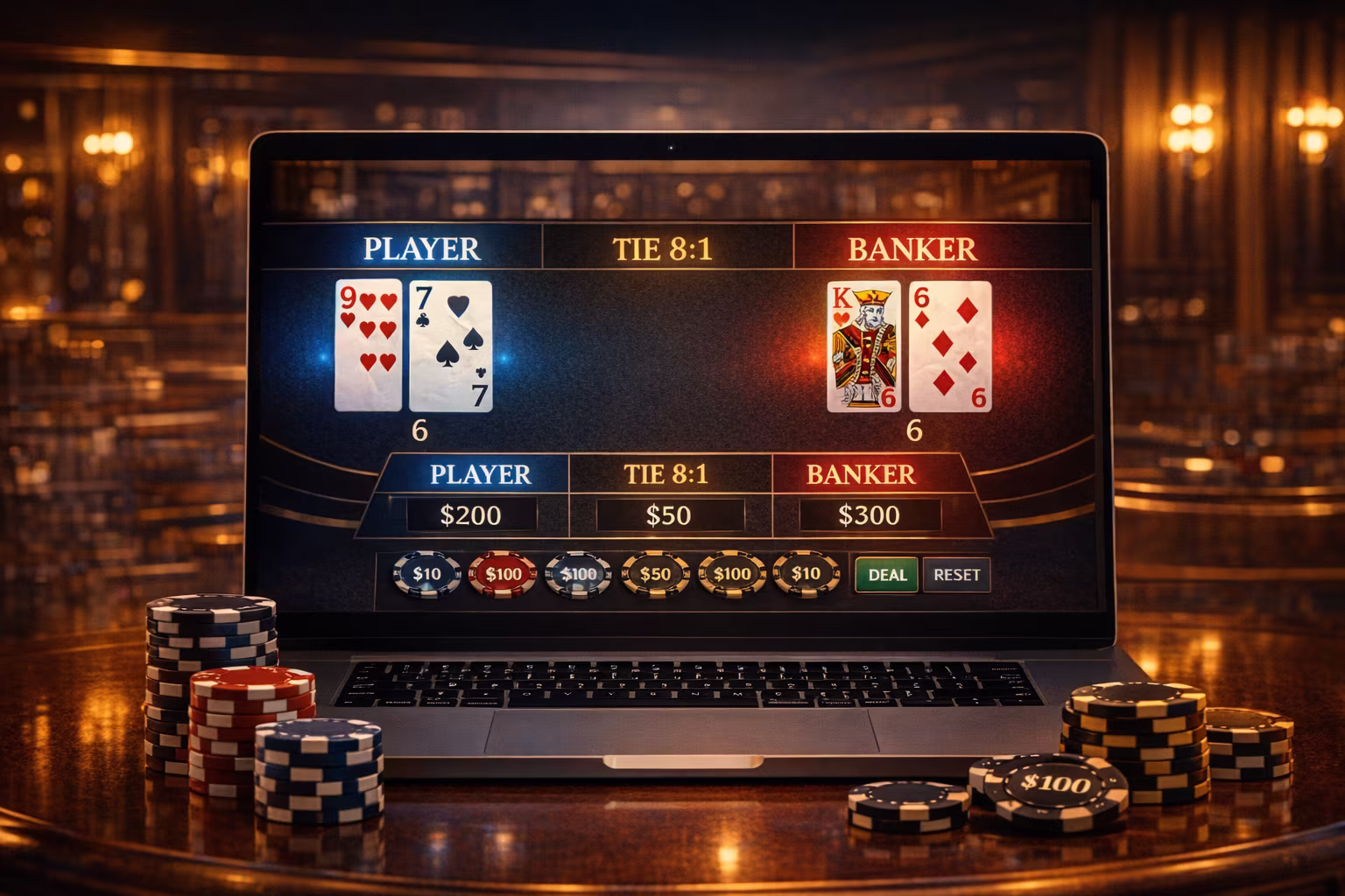 Illustration of a laptop screen showing an online baccarat game in progress with casino chips in the foreground