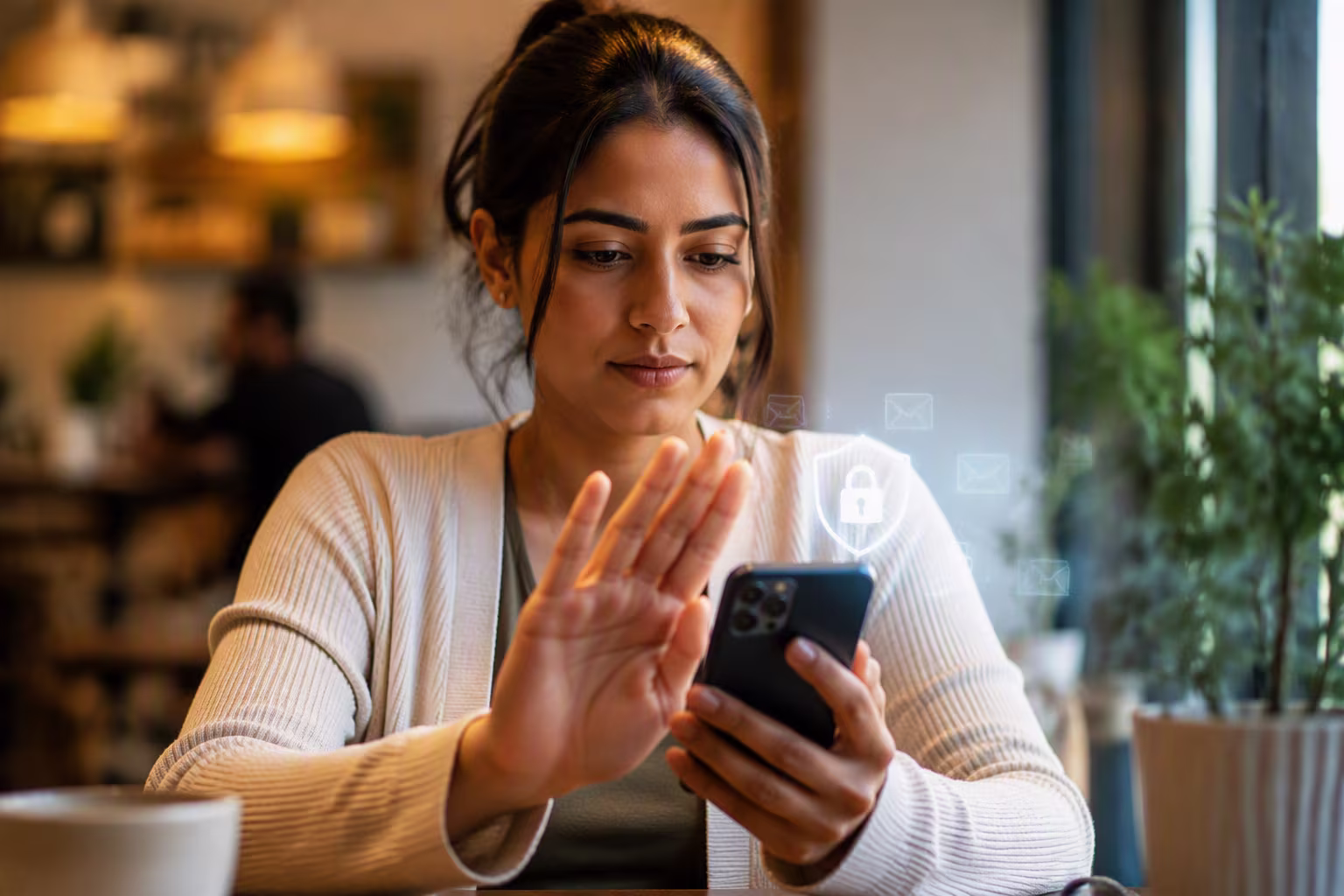 Image of a woman checking alerts from her bank on her phone