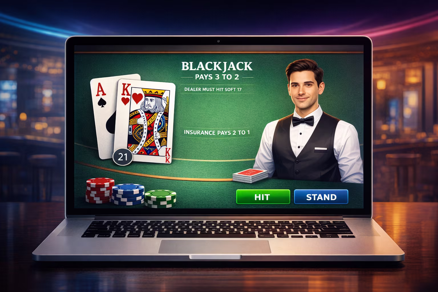 Illustration of a laptop with a blackjack dealer, table and cards on the screen.