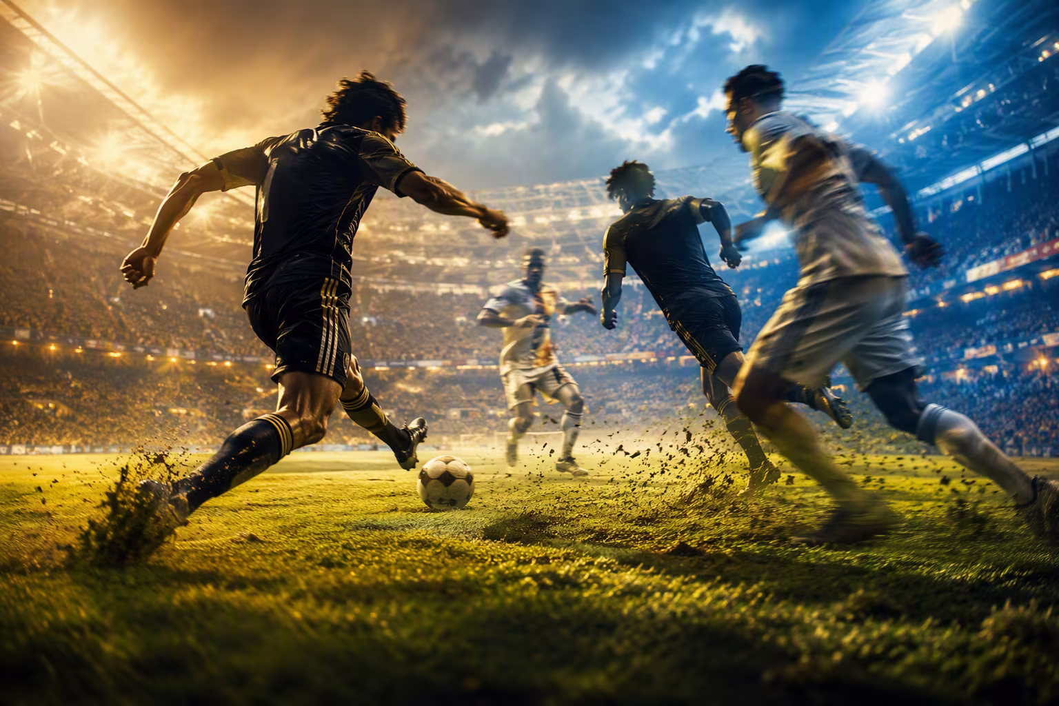 Cinematic image of 4 footballers in action ripping up the turf in a large stadium