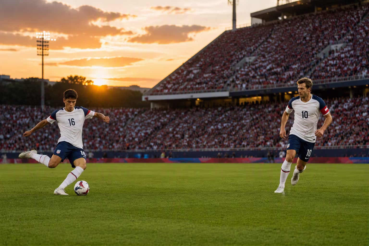 Image of 2 footballers playing soccer in a stadium
