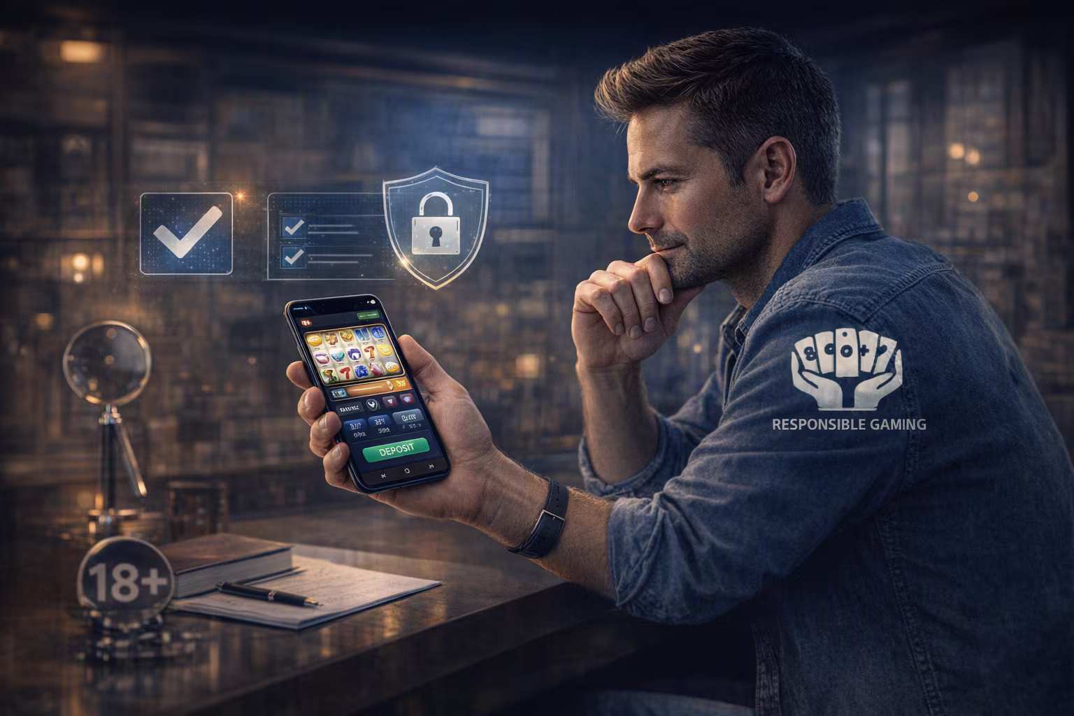 A man reading the Ts & Cs on his phone before joining an online casino