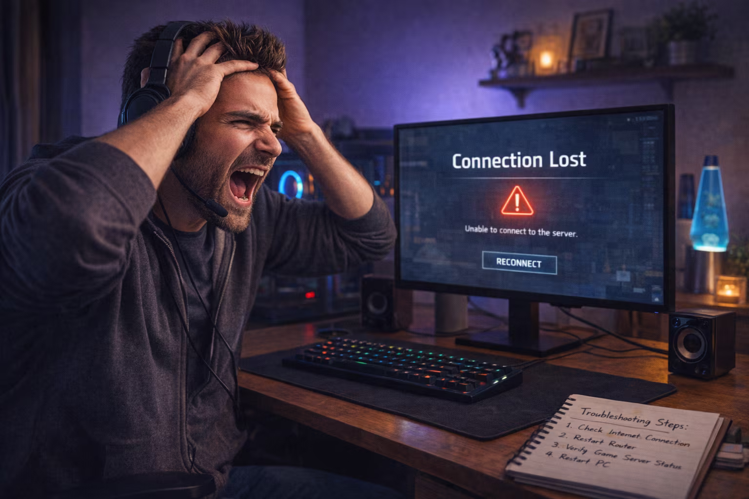 Image of a frustrated man sitting at a computer with the monitor saying connection lost