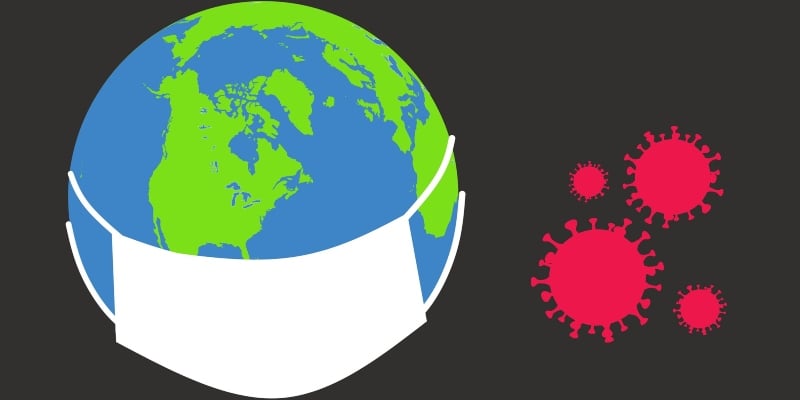 The earth wearing  a mask and virus icons against it