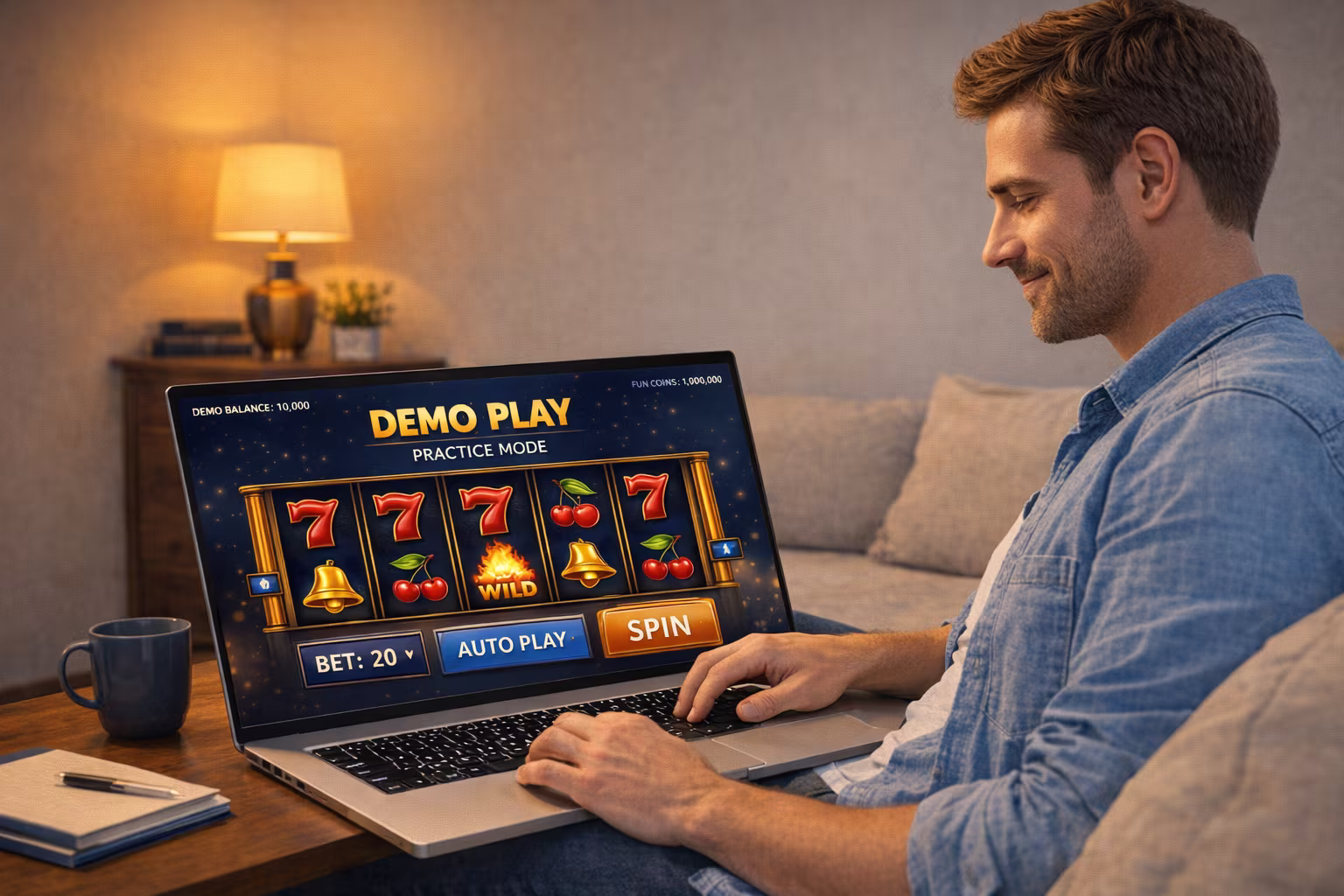 Image of a man sitting at his laptop playing casino games in demo mode at an online casino