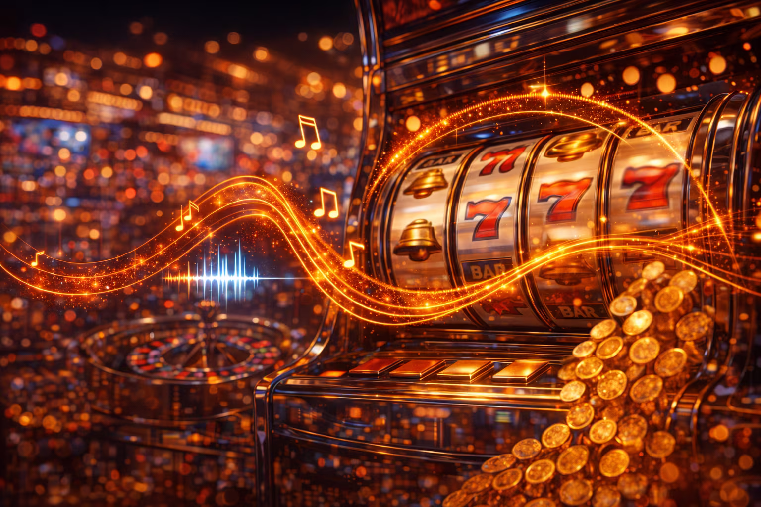 A slot machine mid spin with visible musical notes emerging from it.
