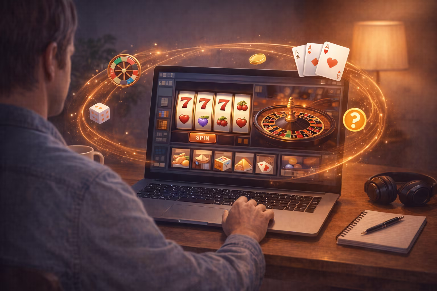 Image of man playing at an online casino on his laptop