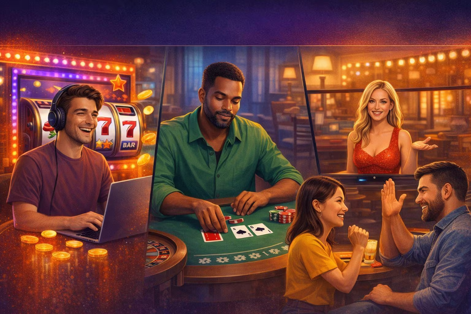 Image showing players emotions while playing slots, table games and live casino games.