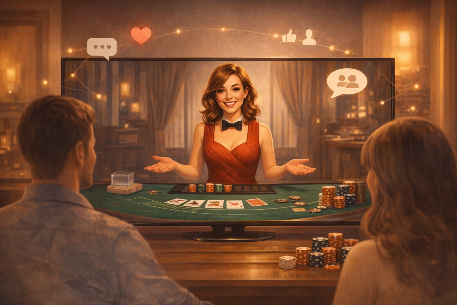 A couple playing at an online casino and engaging with a live casino dealer