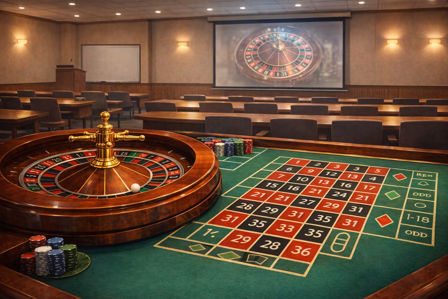 A roulette table and a lecture hall with the roulette table projected on the screen.