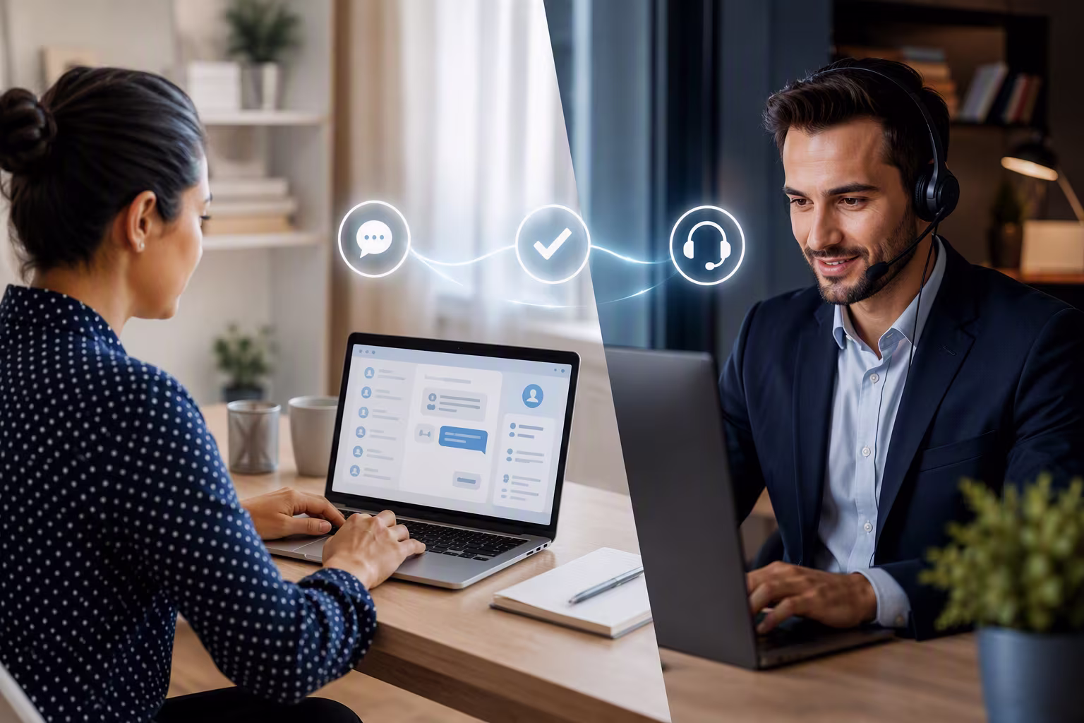 Image of a woman on her laptop speaking to a customer support agent