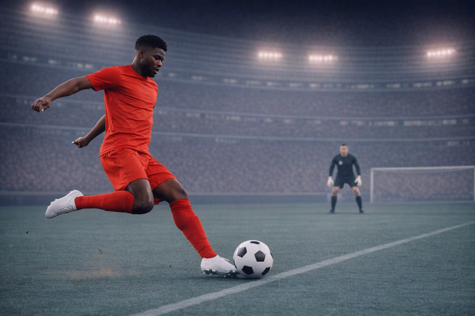 Image of footballer kicking ball towards goal with goalkeeper in front.