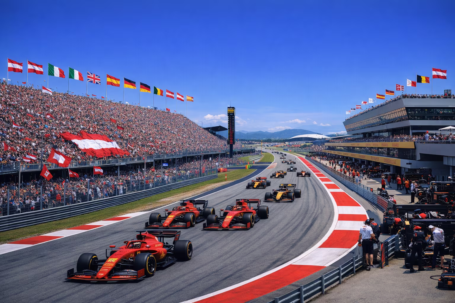 Landscape view of a modern grand prix race track with crowds and flags and cars lined up on the grid