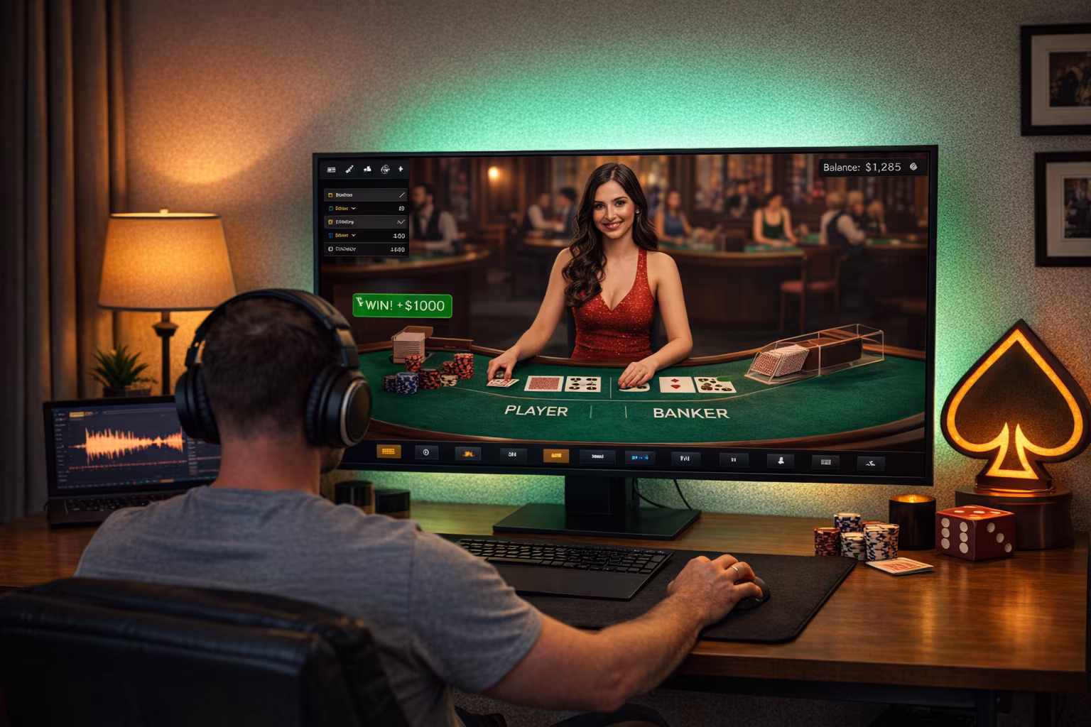 A person playing online casino games at home with mood lighting and casino decor