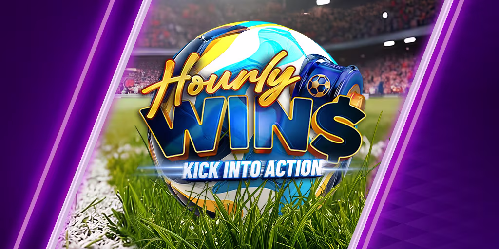 Image showing a football and the text Hourly Wins Kick into Action which is a promotion being run by Jackpot City online casino