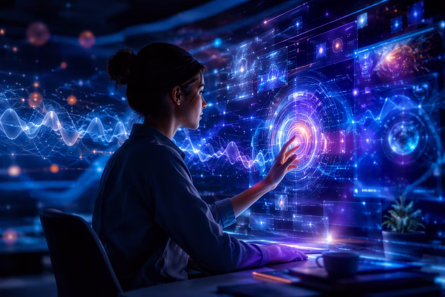 Image of a woman sitting at an immersive digital interface