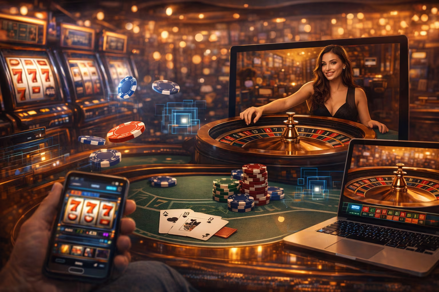 A person playing online casino games on a phone and laptop with slot machines all around
