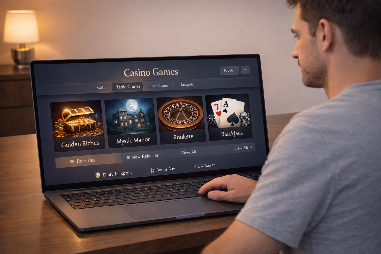 Image of a man siting calmly with his laptopm browsing casino game options at an online casino