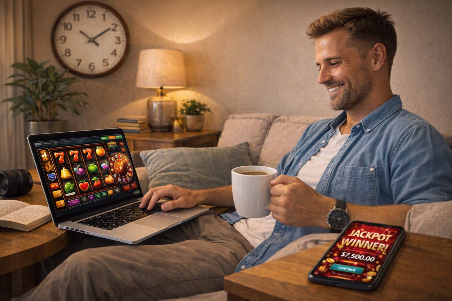 Relaxed, smiling man playing casino games for fun