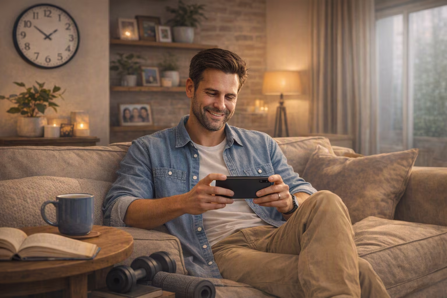 Image of a relaxed smiling man playing casino games on hos phone after working out