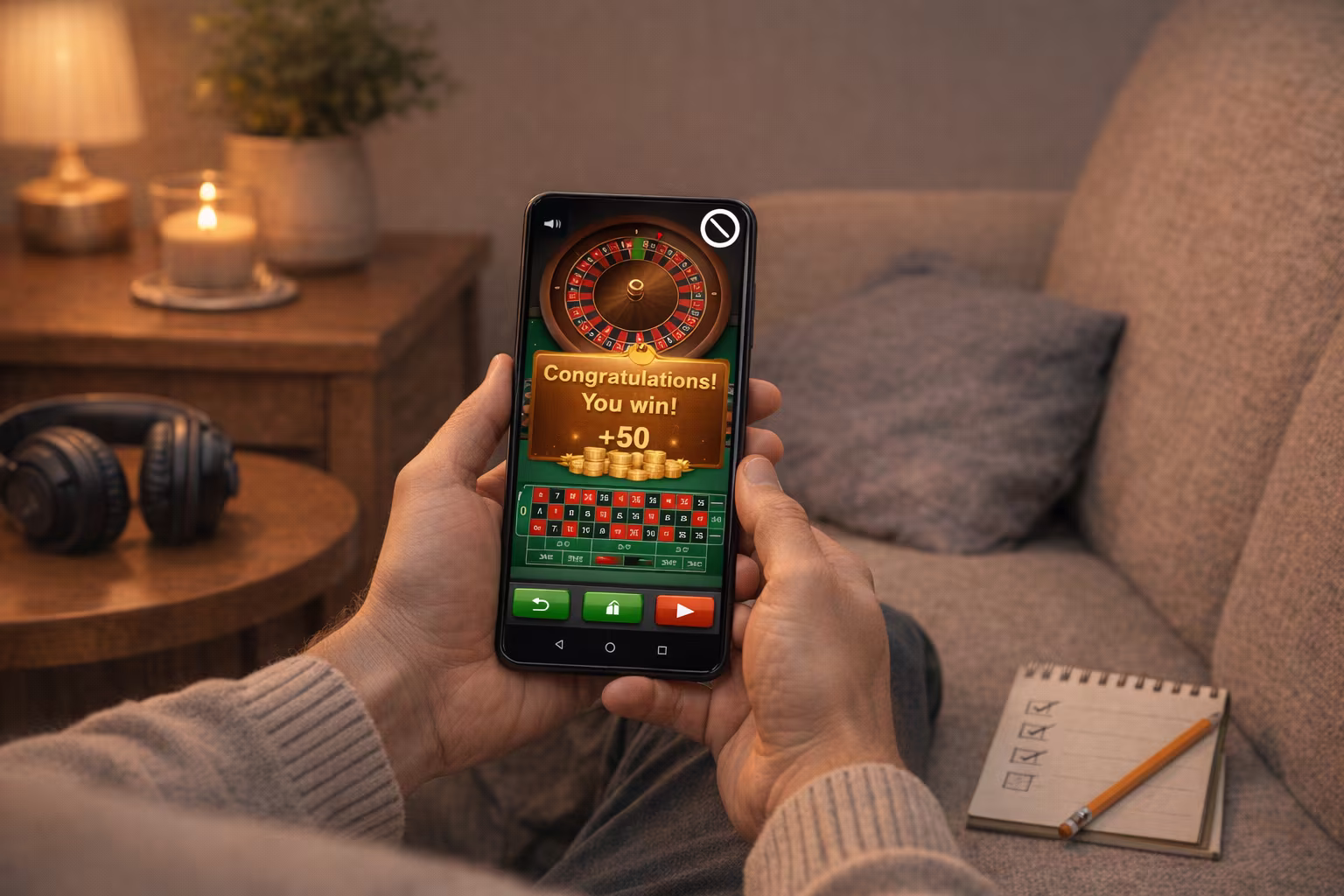 A person sitting comfortable playing online casino games on his mobile with a checklist next to him.