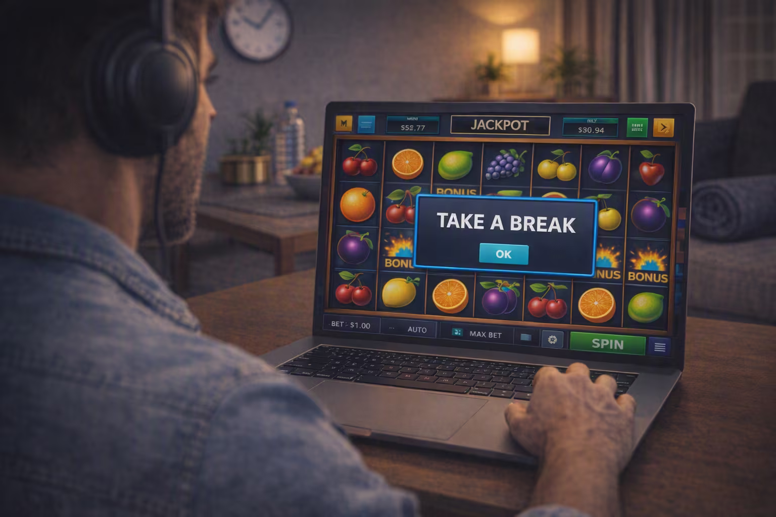 Man playing casino games responsibly on a laptop