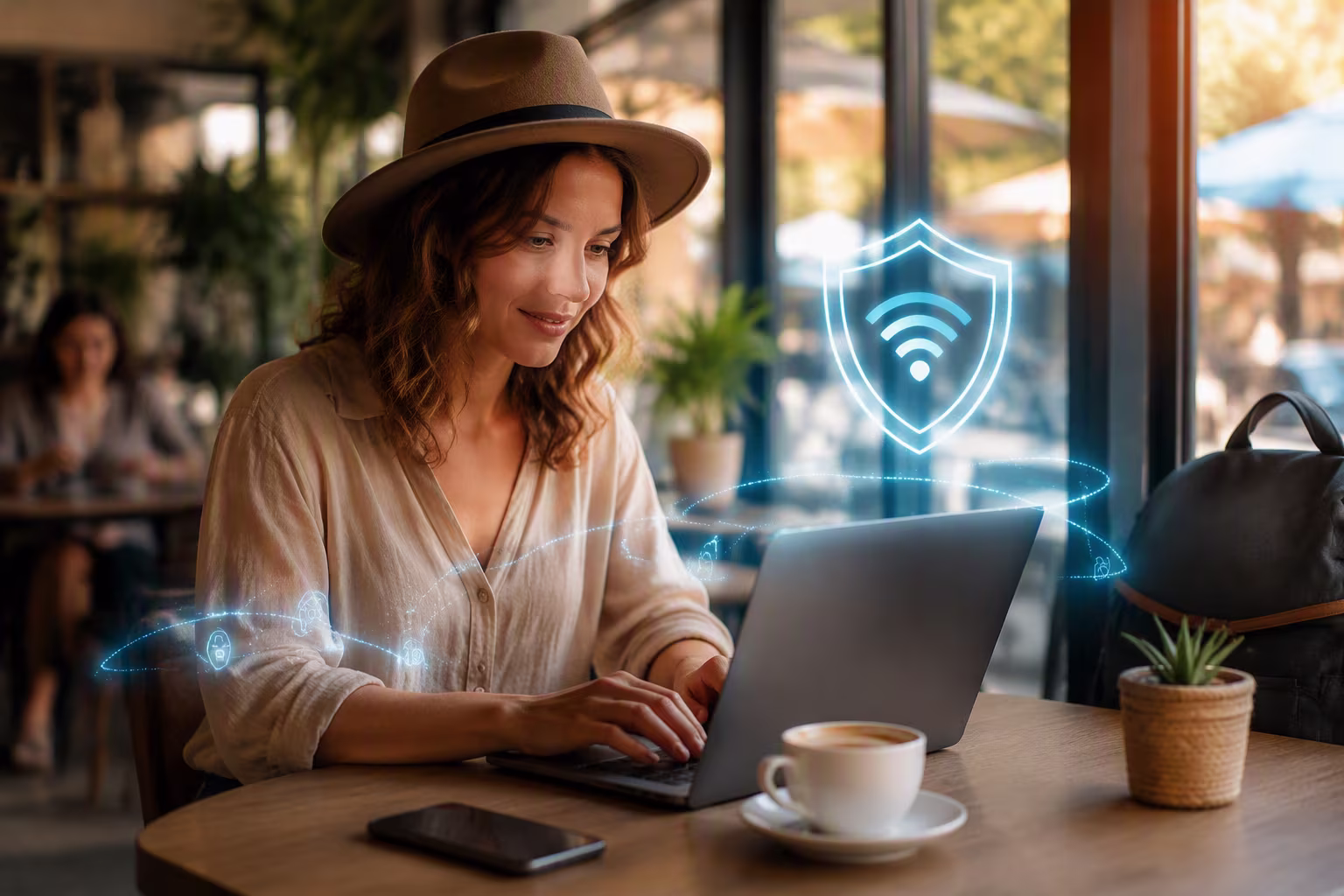 Image of a woman on her laptop in a coffee shop connected to the public wifi