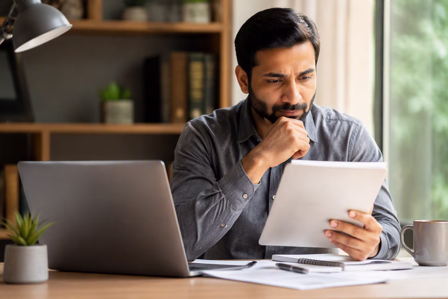 Image of a man next to his laptop reading a hard copy document