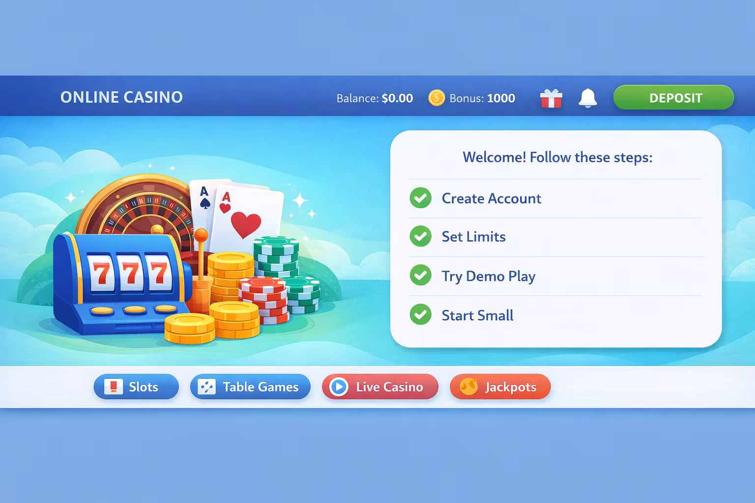 Image of an online casino on a laptop with a checklist for new players