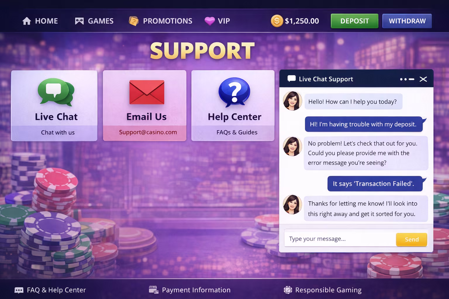 Image of a live casino support chat in progress on a laptop screen