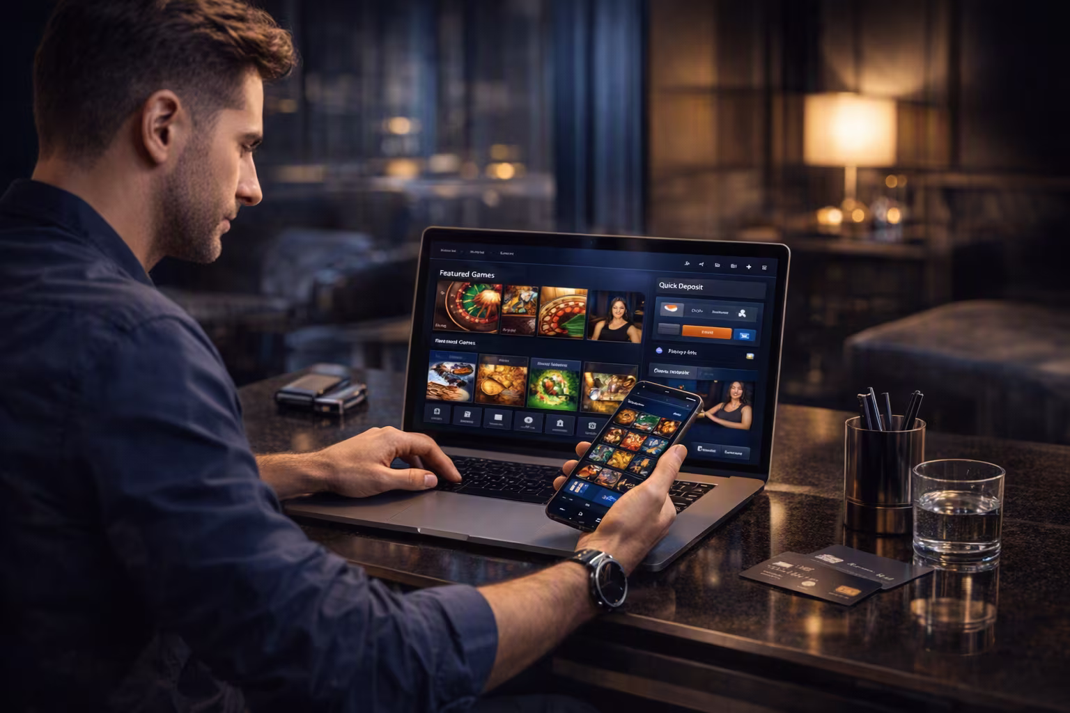 A man enjoying a superior user experience playing casino games on his laptop and phone