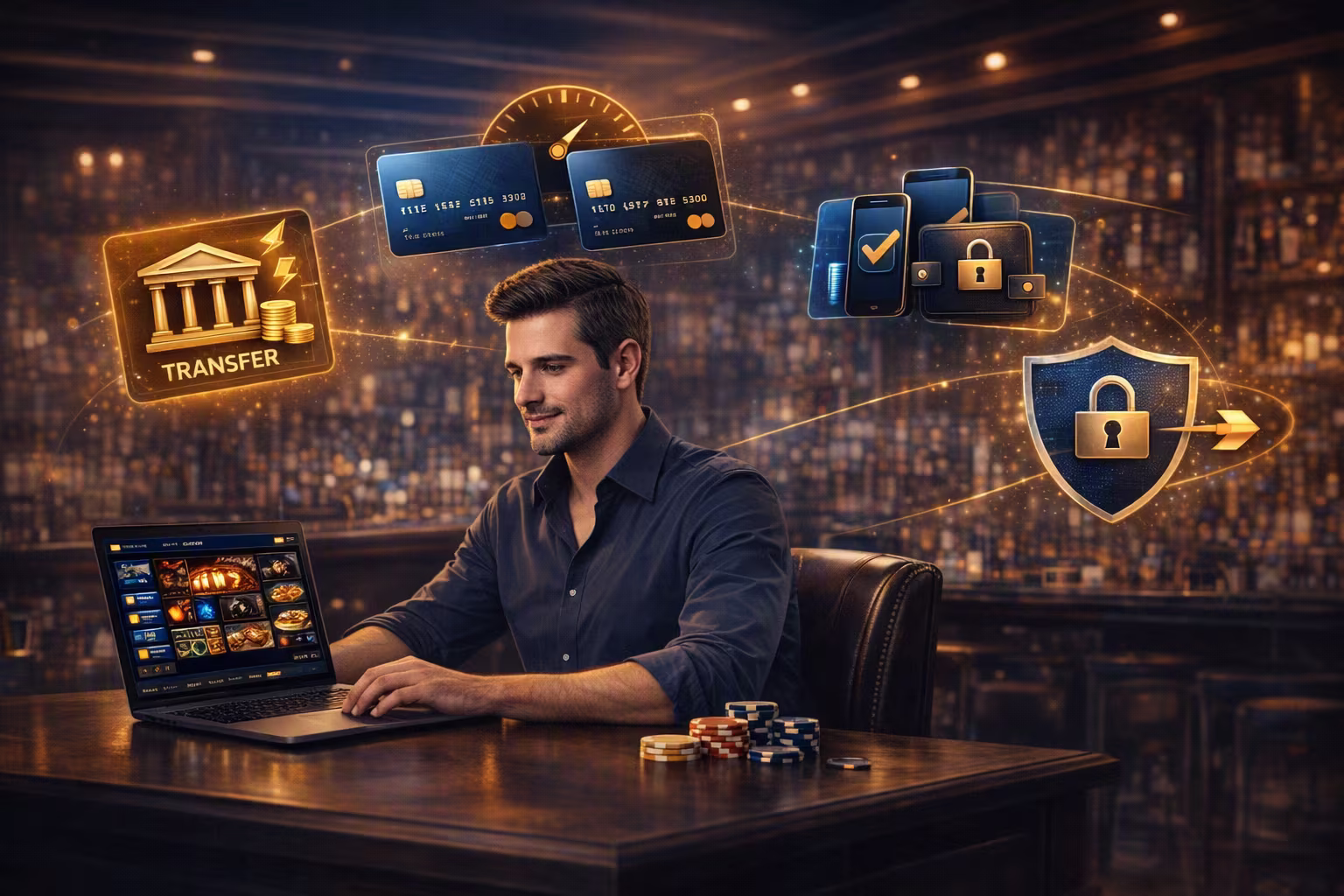 Image of a man playing online casino on a laptop selecting a payment method