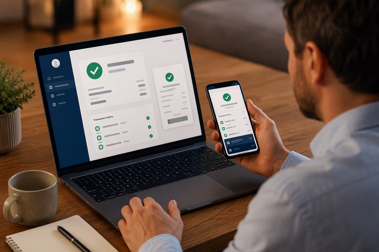 Image of a man on his laptop and phone checking transactions going off his account