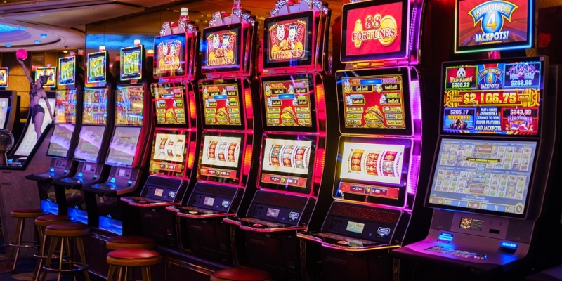 A row of modern and classic slot machines.