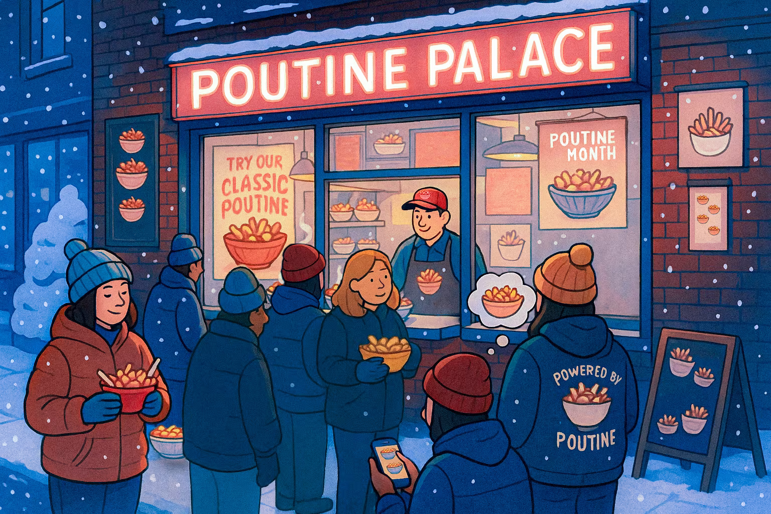 A poutine take-away with customers outside
