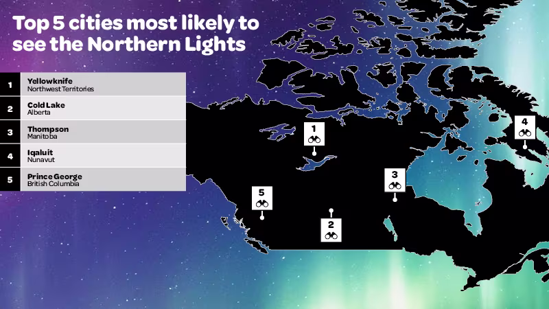 Map showing the top 5 cities in Canada to see the northern lights