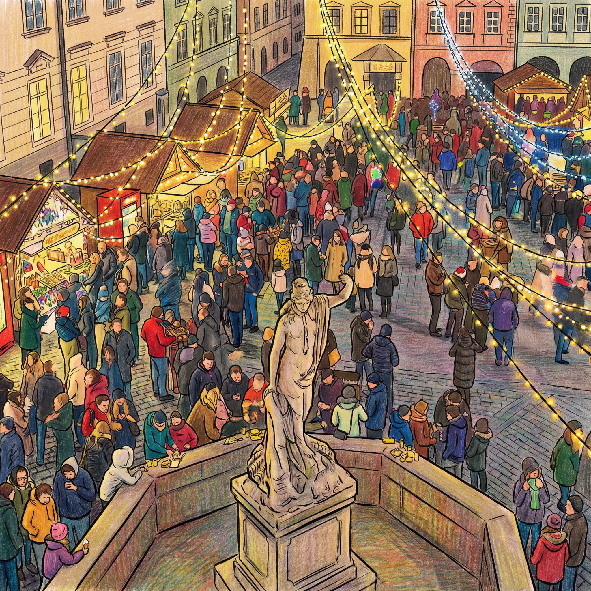 A Christmas market scene with different type of food being eaten